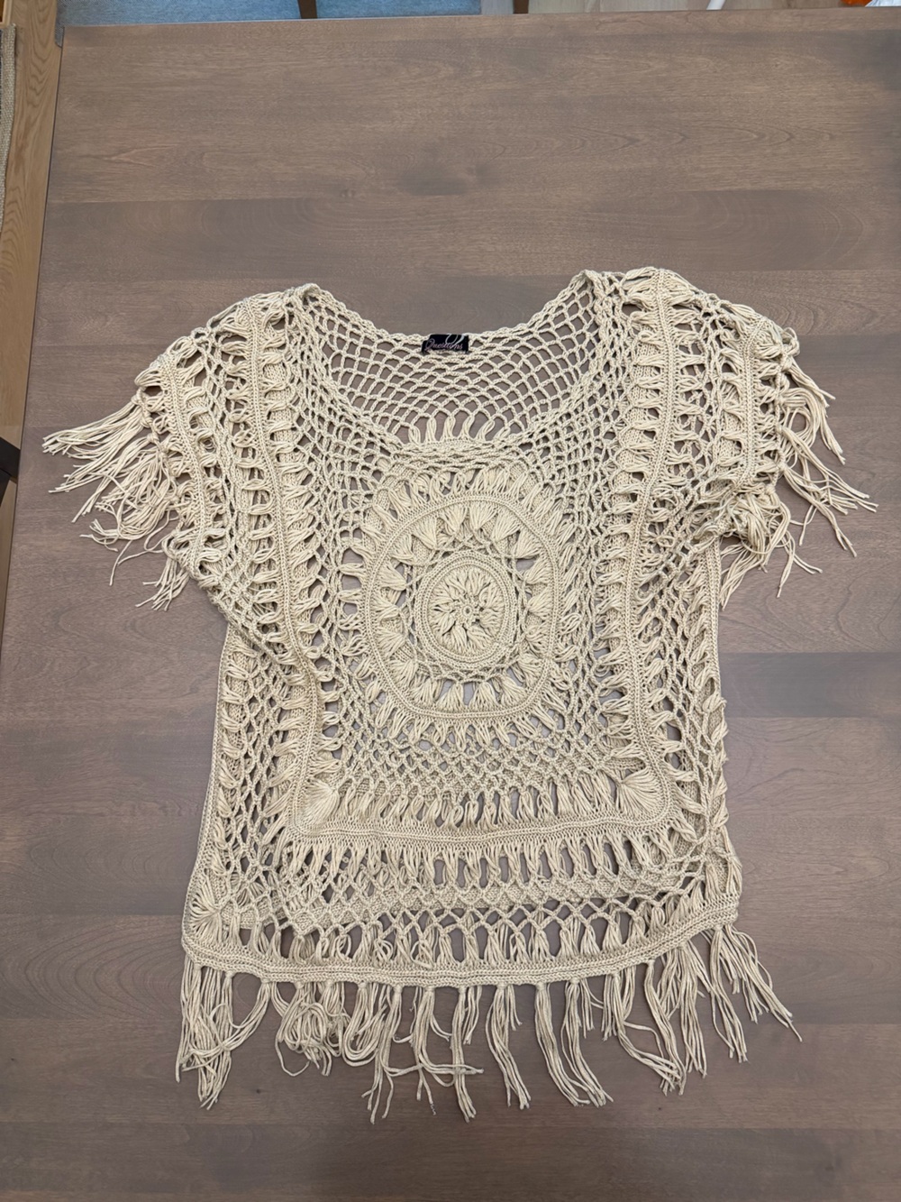 Questions Beige Crochet Fringe Boho Open Knit Top